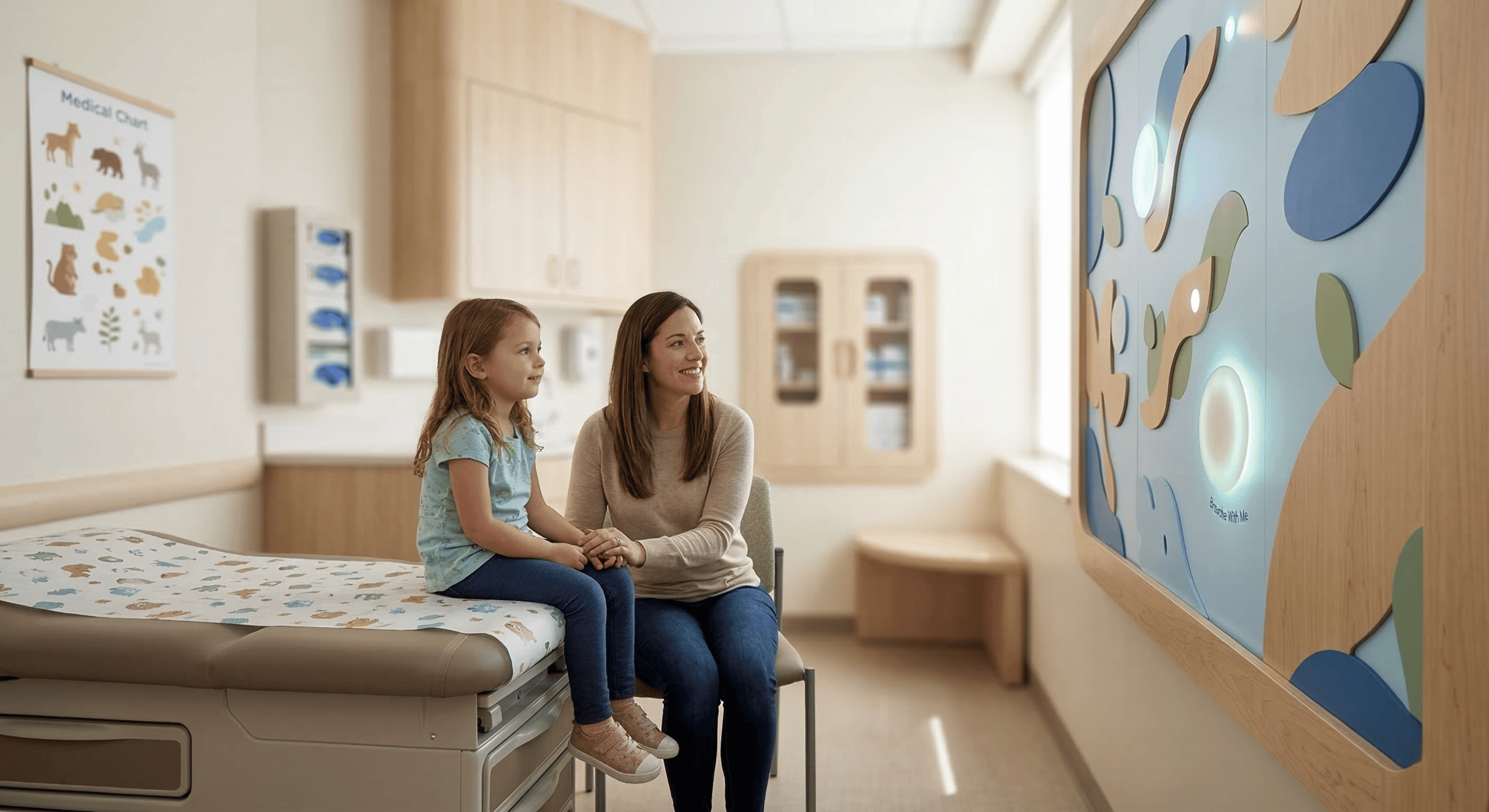 A child engaging with AR technology in a pediatric healthcare environment.